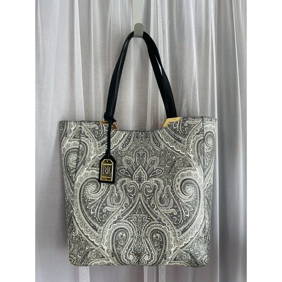 Lauren Ralph Lauren Acadia Paisley Tote White Black Faux Leather Easy to Clean - Picture 7 of 13